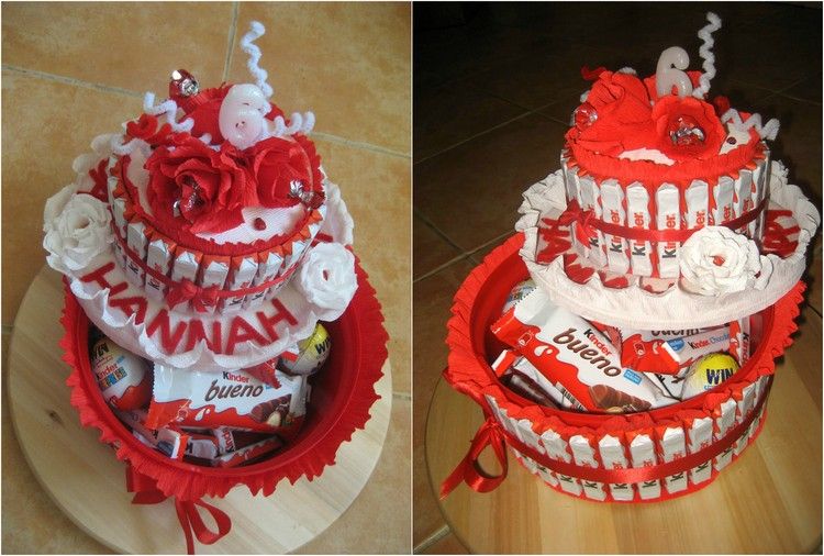 Drobná torta vyrobená zo sladkostí-krabička-detský čokoládovo-krepový papier-dekorácia