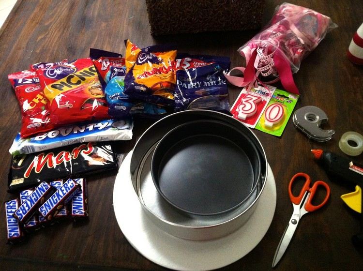 Koláč vyrobený z materiálov na výrobu cukroviniek, narodeninových tort, foriem, cukroviniek a tyčiniek