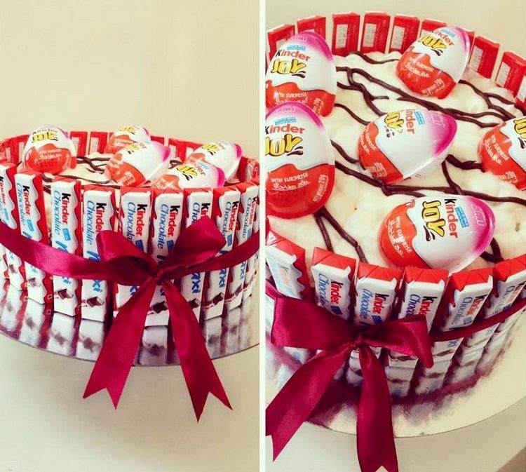 Koláč vyrobený z cukríkov, bielych glazúr, detských tyčiniek, laskavosti a prekvapení