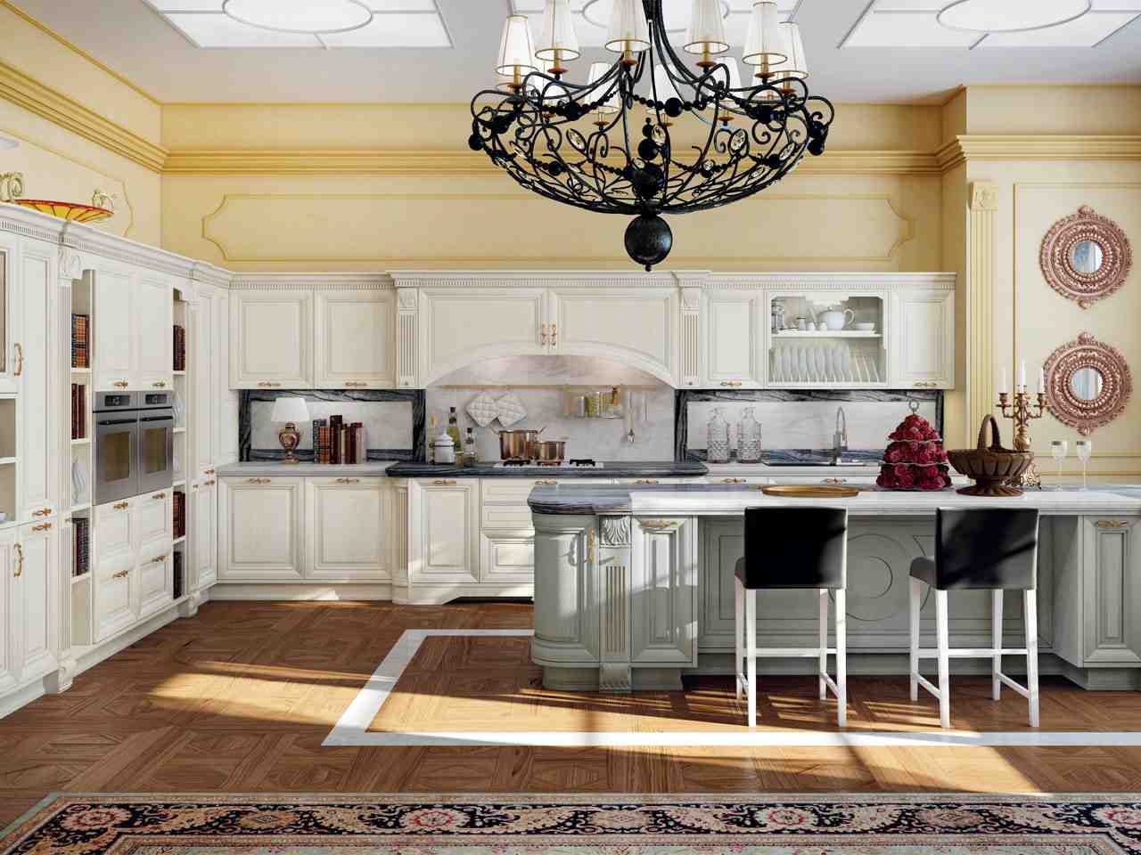 klasická drevená kuchynská ostrovná stena natretá pieskom žlto klasický drevený kuchynský ostrovný koberec čierny kovový luster krásny
