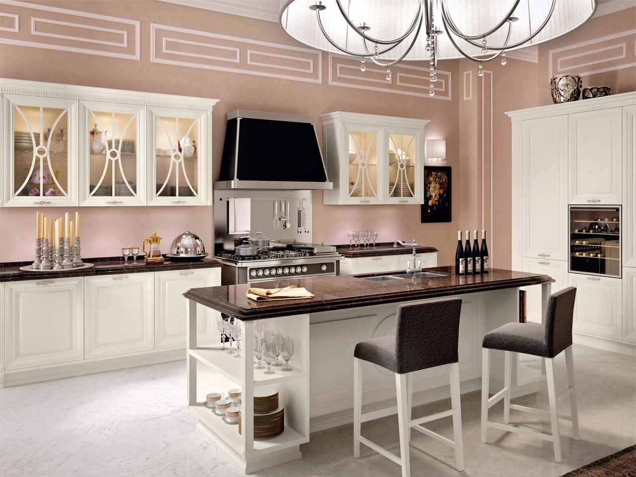 klasické kuchynsko-ostrovné barové stoličky-práca z prírodného kameňa pultovo zdobené dvere skrinky klasický kuchynský ostrov pracovný pult z prírodného kameňa bohato zdobené dvere skrinky