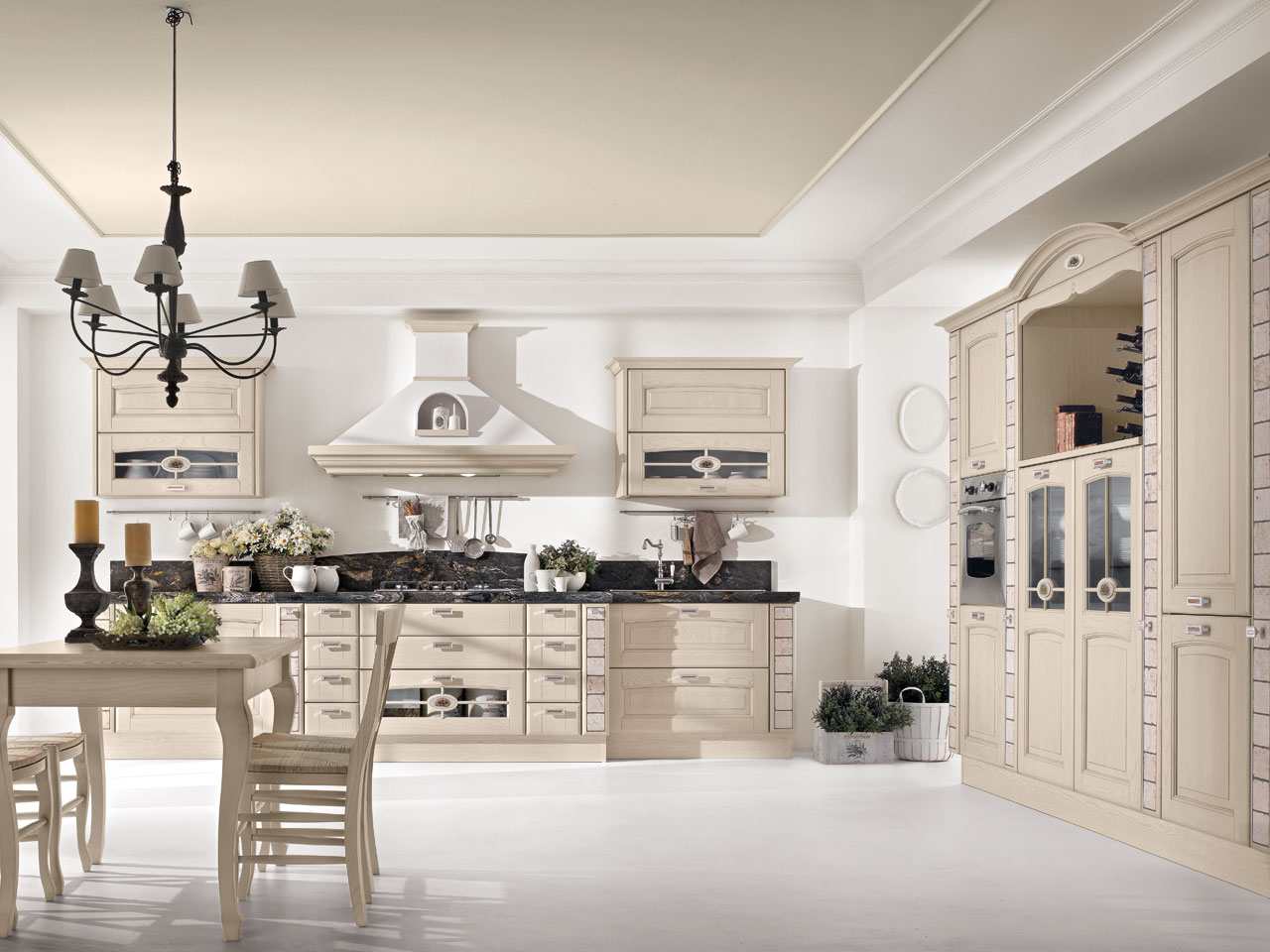 Biela kuchyňa s jedálenským kútom-klasický nábytok-masívne drevo-svetlé Biela kuchyňa s jedálenským kútom-nábytok-stoly a stoličky z masívu