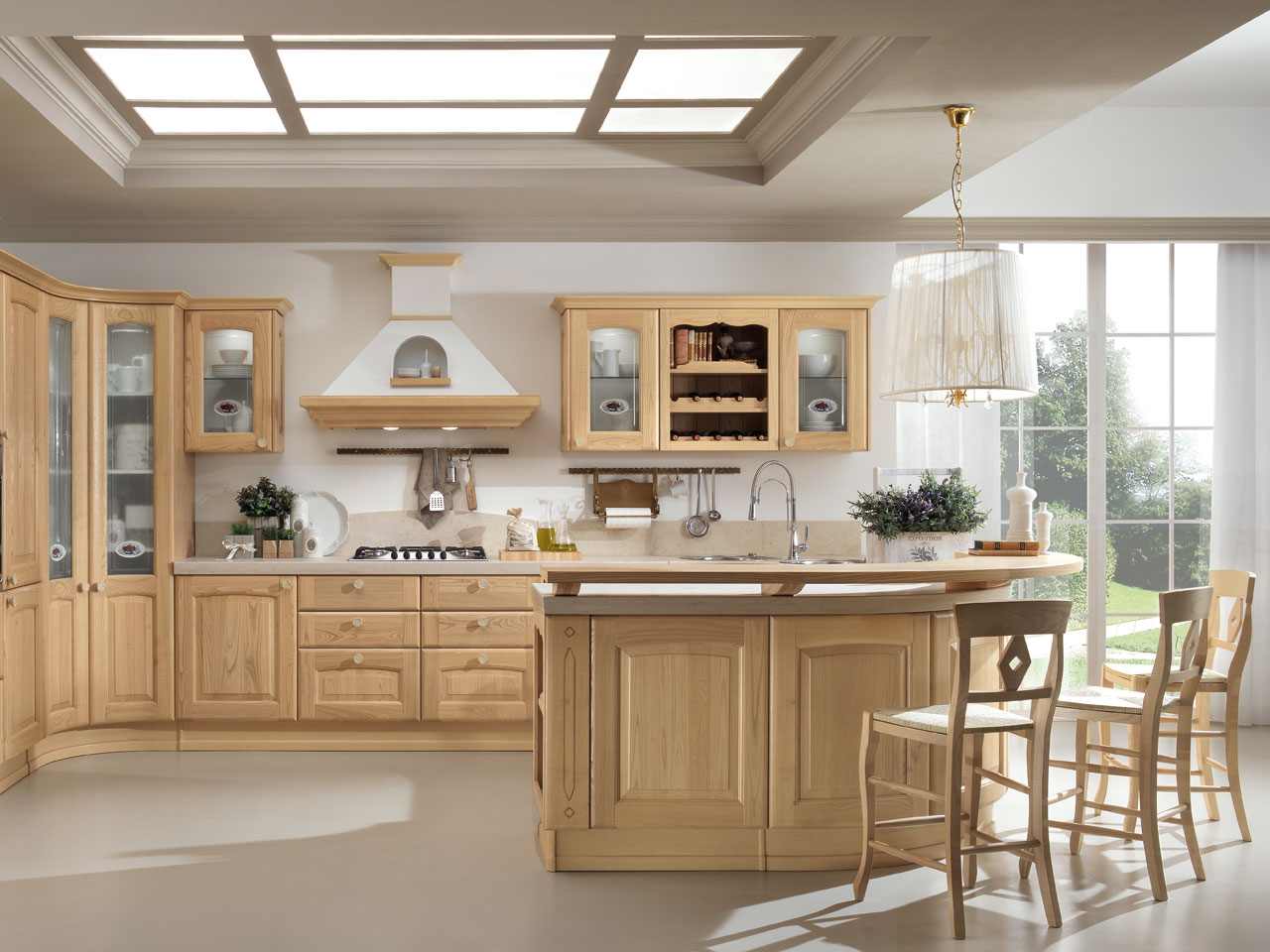 rohové kuchynské ostrovné drevené skrinky predvádzajú barové stoličky z matného skla rohová kuchyňa skrine z masívu vitrína skriňa