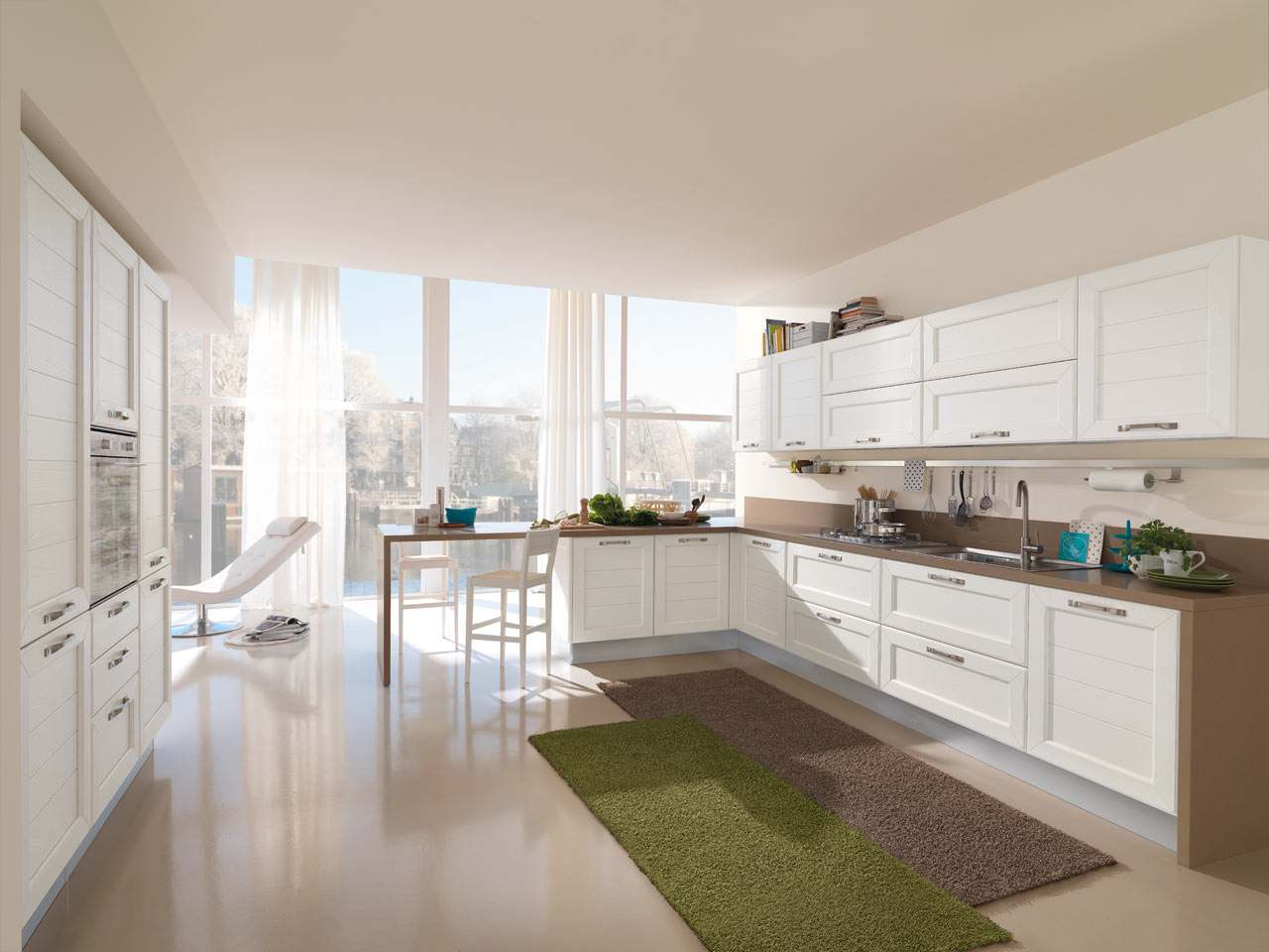 moderné biele drevené kuchynské skrinky koberec béžovo zelené závesy biele drevené kuchynské skrinky-koberce béžovo-zelené záclony biele