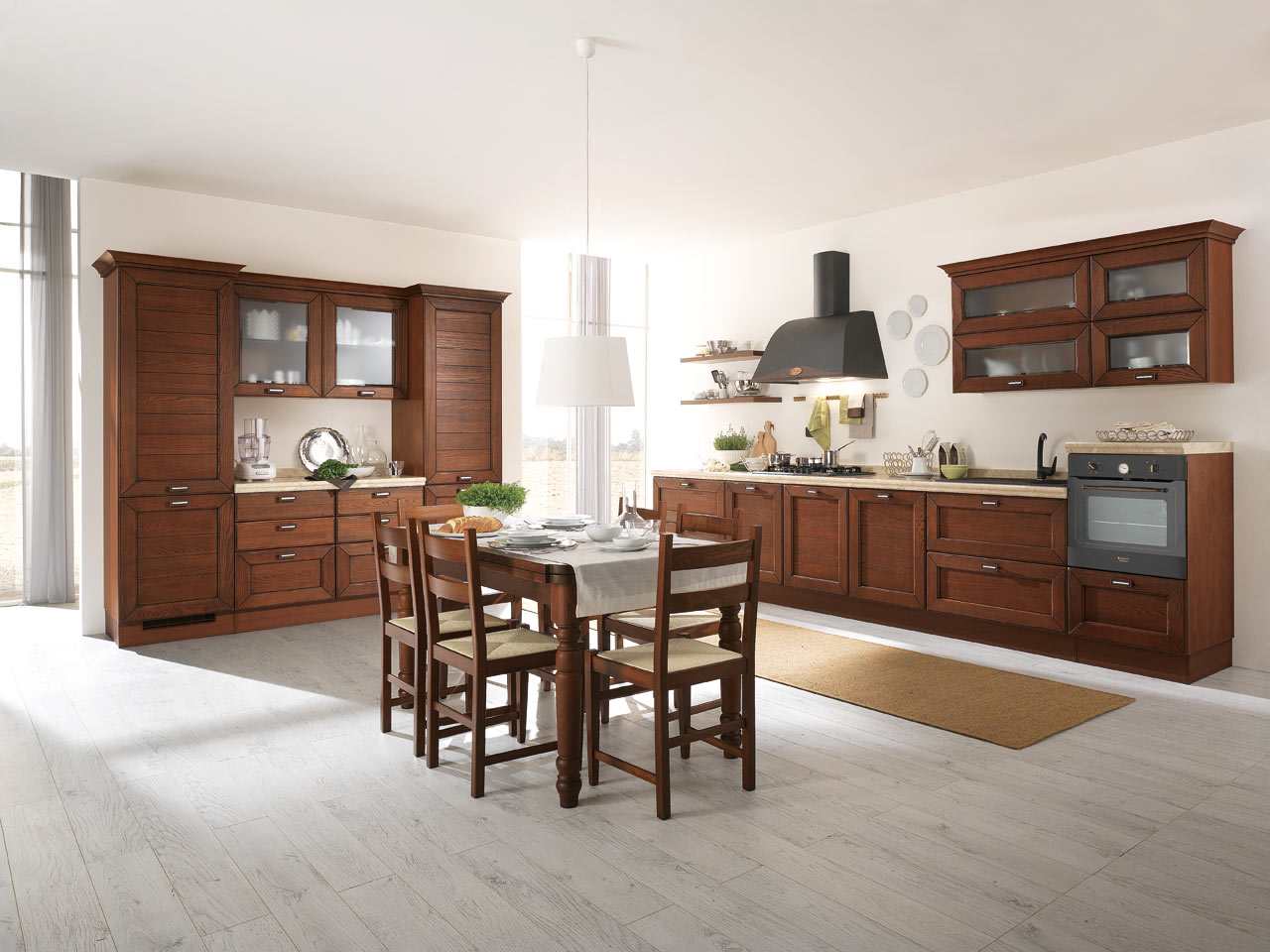 drevená kuchynská skrinka systém-vstavané spotrebiče-jedálenský kút závesné svetlá tradičná drevená kuchynská skrinka systém vstavané spotrebiče-dizajn jedálenského kúta