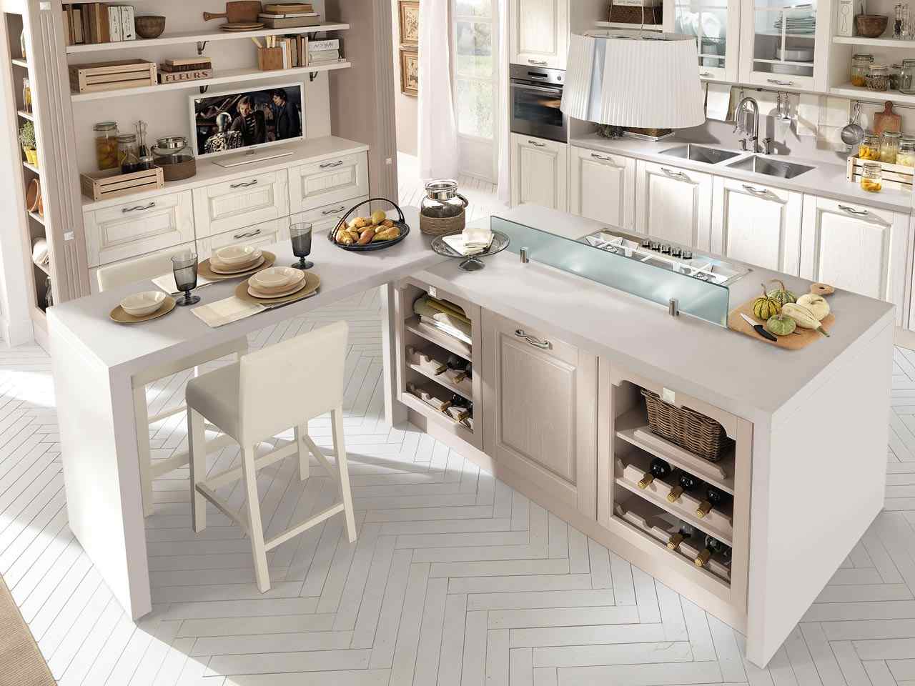 Kuchynský ostrovček integrované stojany na víno, matné sklo, posedenie, osvetlená závesná lampa tradičná kuchyňa s ostrovnými integrovanými stojanmi na víno, posedením z matného skla