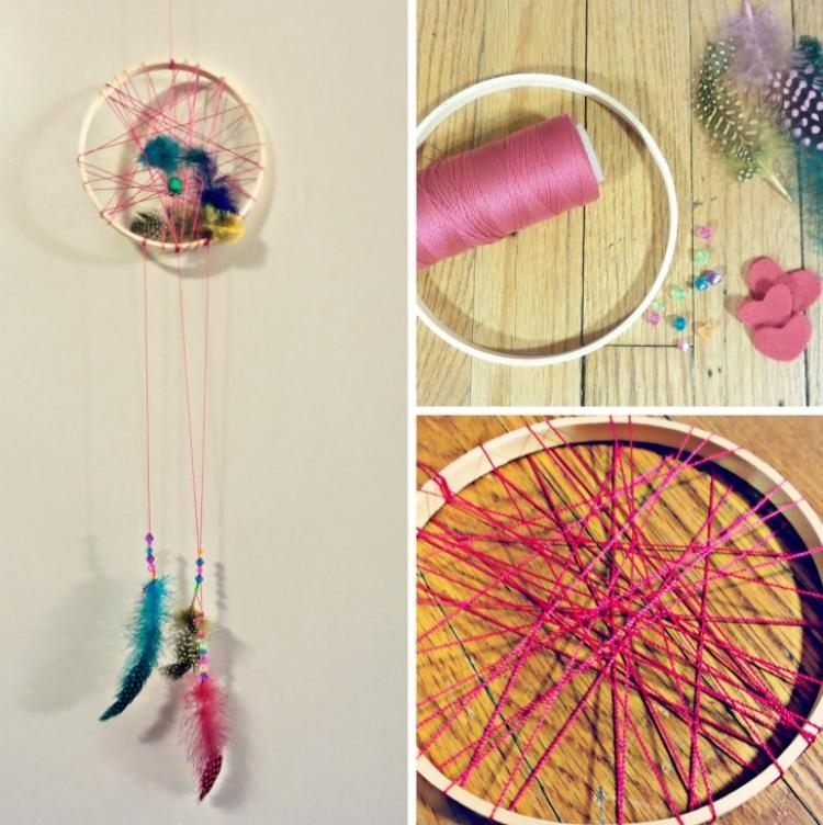 snový drotár-deti-nápad-okrúhly-drevený-rám-ružová-šnúra-perie-perla-chautický stôl