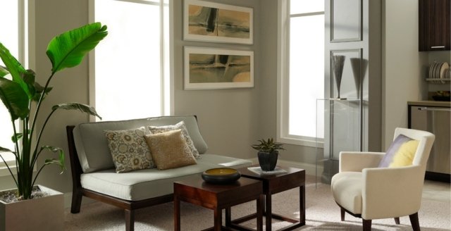 svetlo šedá farba steny dvojmiestny sedací nábytok z dreva