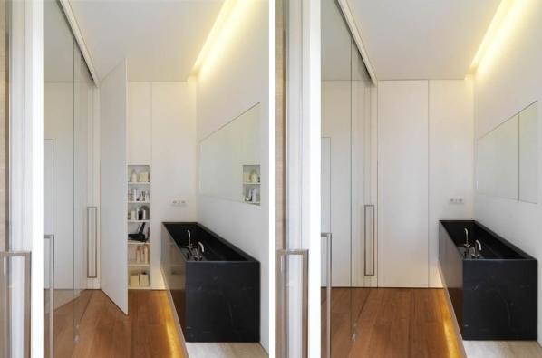 V kúpeľni vstavané skrine police čierne umývadlá