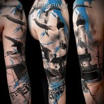 Trash Polka Tattoo - latarnia morska i mewy