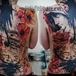 Trash Polka Tattoo - zegar i portret na całym plecach dziewczynki