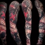 Trash Polka Tattoo - rękaw z czaszkami i krzyżykiem na ramieniu