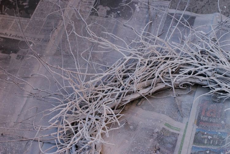 veniec nastriekajte bielym, svetlo sivým alebo strieborným sprejom Tinker dverový veniec na Vianoce -inštrukcie-vetvičky-mrazený-efekt-mrazená-kravata