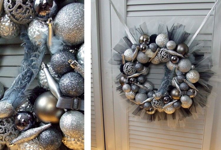 Vianočné gule a látka z organzy v strieborných odtieňoch Veniec na vianočné dvere strieborné organzové vianočné gule