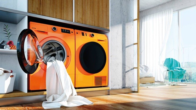 Sušička a práčka s moderným efektným dizajnom Sušička na práčke -farebný-akcent-moderný-dizajn