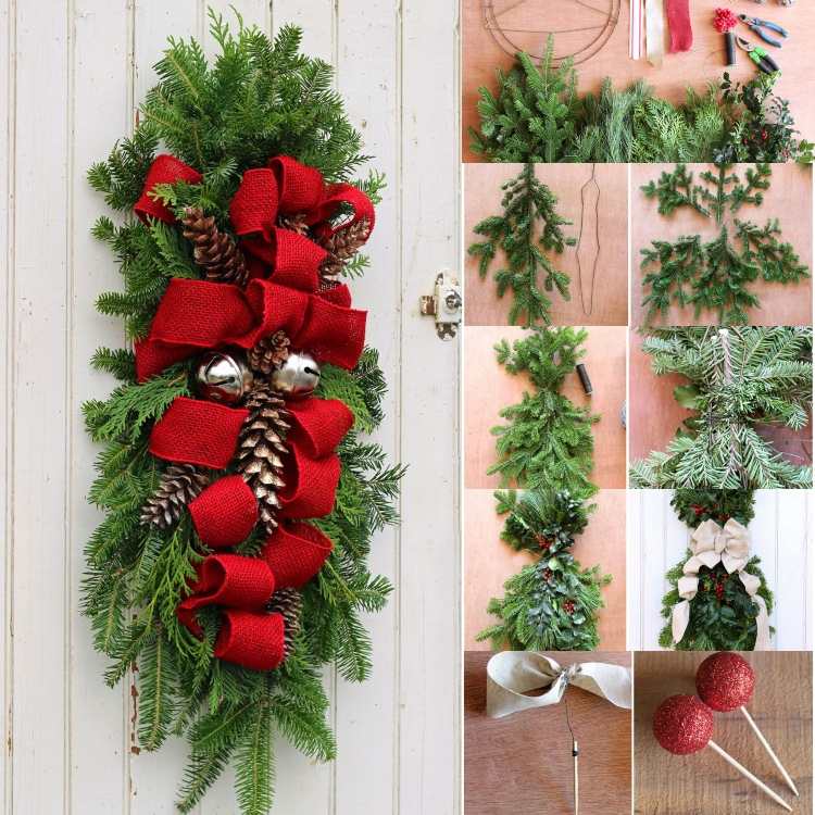 Vianočné vrkoče urobte si návod s červenou mašľou, cyprusovými ratolesťami a zvončekmi