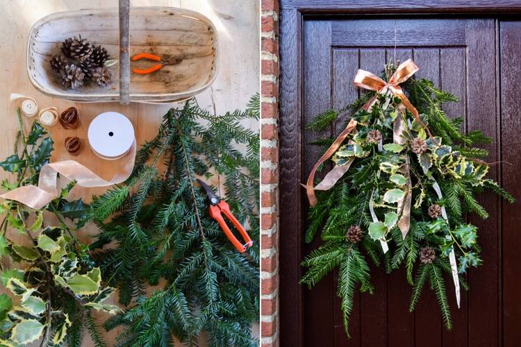 Samotný oplet dverí je previazaný cyprusovými vetvami a brečtanom