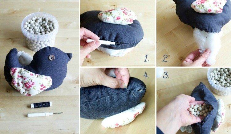 dverná zátka-ušiť-výplň-materiál-sťahovanie-závažia-výplň-figúrka vtáka