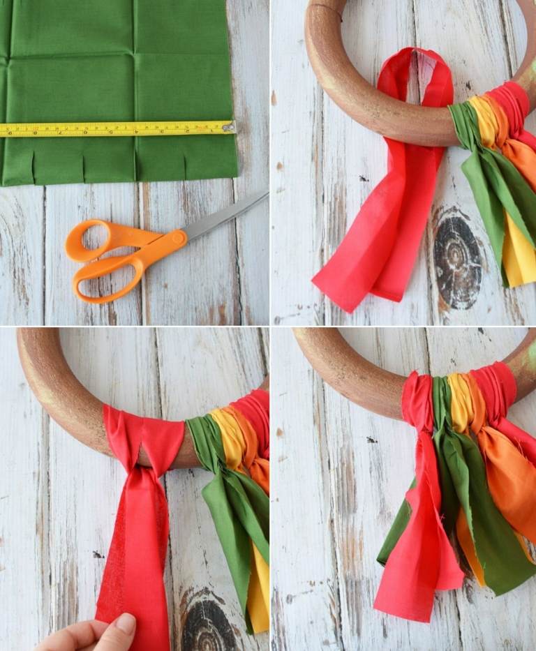 Výroba jesenných vencov s deťmi - návod na viazanie pásikov látky