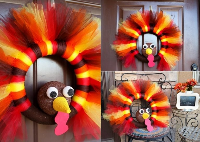 Vyrobte si jesenné vence s deťmi z tylu v oranžovej, červenej, žltej a hnedej farbe