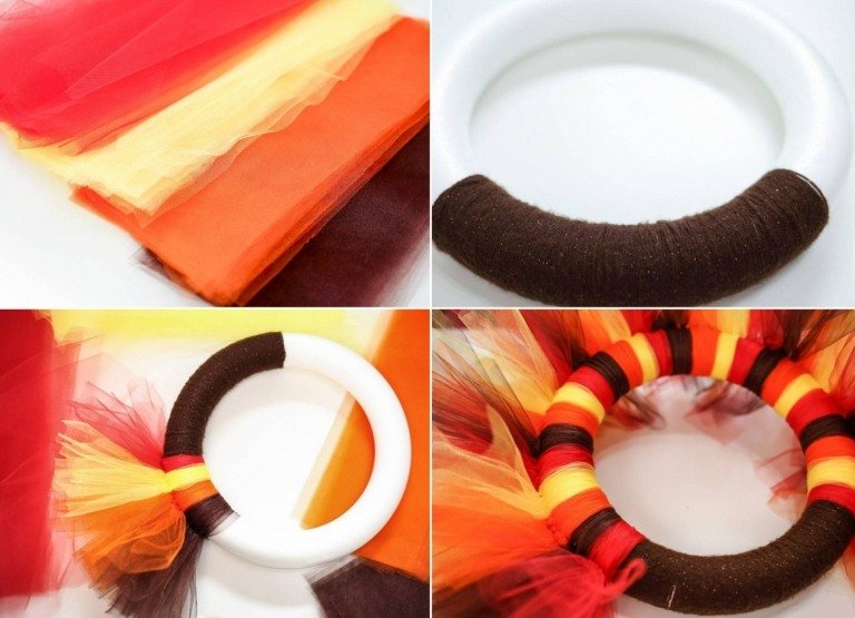 Polystyrénový prsteň obalíme hnedou vlnou a nastrihanými prúžkami tylu