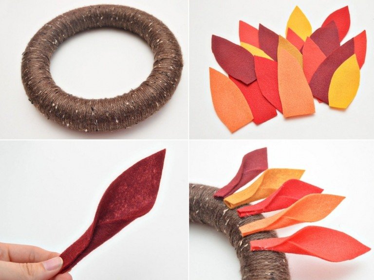 Z filcu vyrobte morčacie pierka a prilepte ich na jesenný veniec