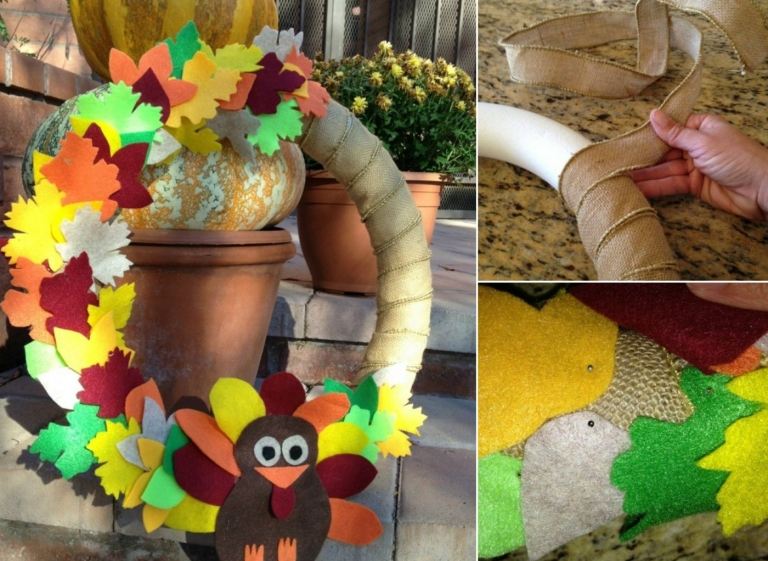 Jesenný veniec na dvere, okno alebo stenu a na rozloženie z ľanu a listov z plsti