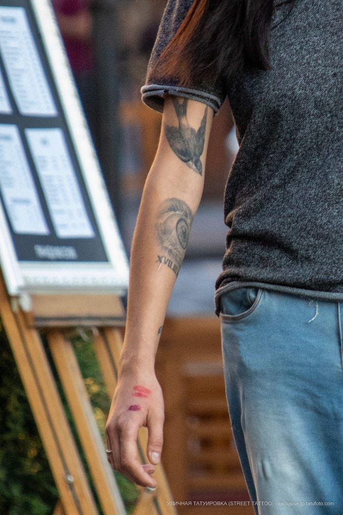 Tatuaż jaskółka i oko z cyframi rzymskimi na prawej ręce dziewczynki - 17.09.2020 - 3