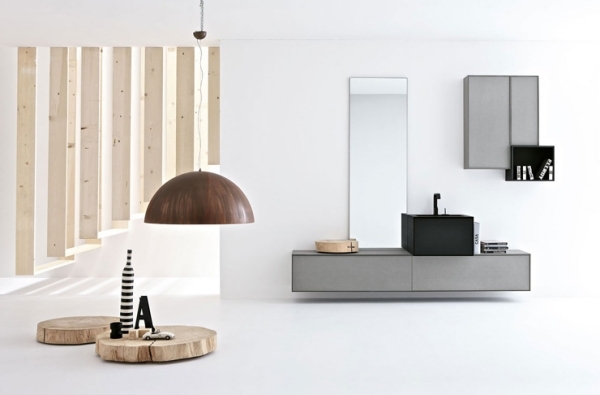 minimalistický dizajn kúpeľne-rustikálne akcenty-Altamarea volo zelená minimalistický dizajn umývadla rustikálna závesná lampa Altamarea volo zelená