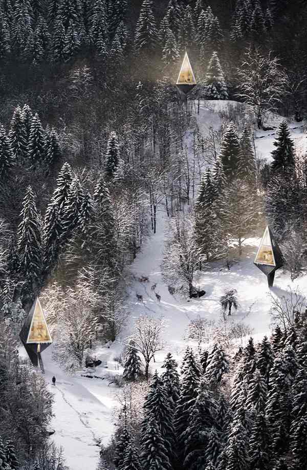 Lesnícky dom futuristická architektúra chaty Moderná, ekologicky udržateľná budova