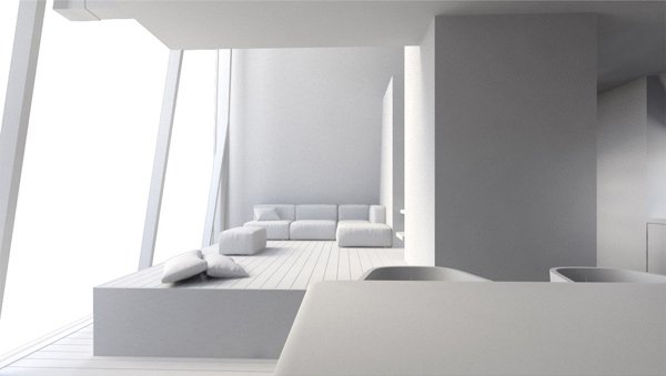 čisto biela obývacia izba okná až po strop, Dánsko Konrad-Wójcik