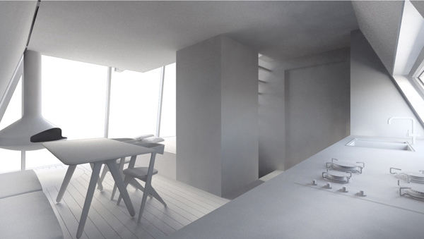 3d pasívny dom biely interiér biely zariaďovací purizmus