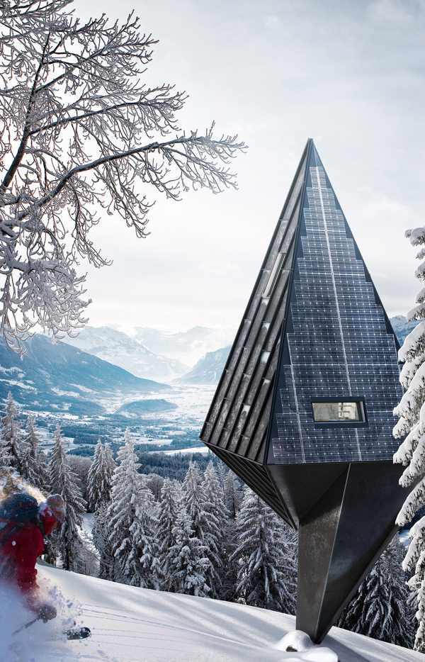Budova pasívneho domu lesná krajina moderná horská chata-futuristický koncept