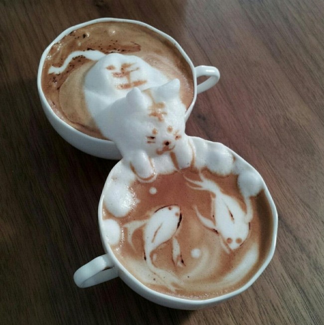 3d latte art japan kazuki yamamoto cat fish