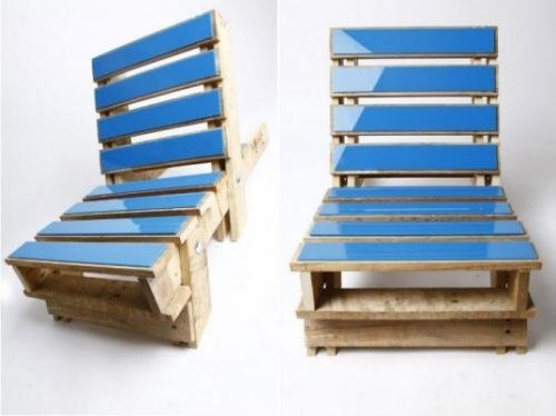 europalety záhradného nábytku na upcyklovanie modrej záhradnej stoličky