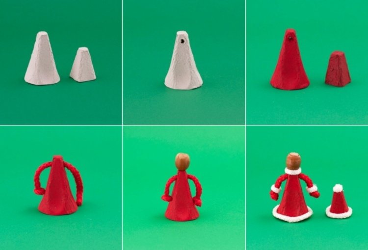 Santa Claus vyrába ručné práce z kartónu na vajíčka a vaty