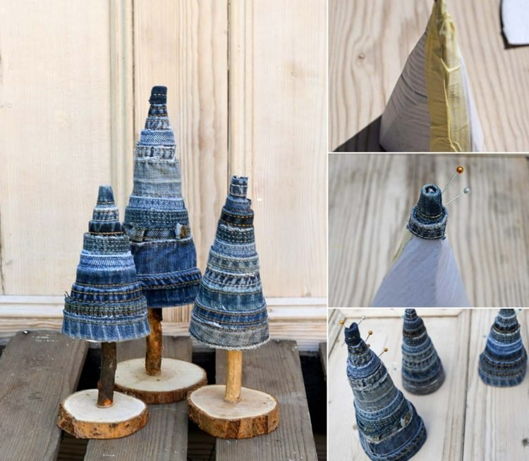 Kreatívne vianočné stromčeky z džínsov - drotárske šišky z lepenky a prilepené na leme
