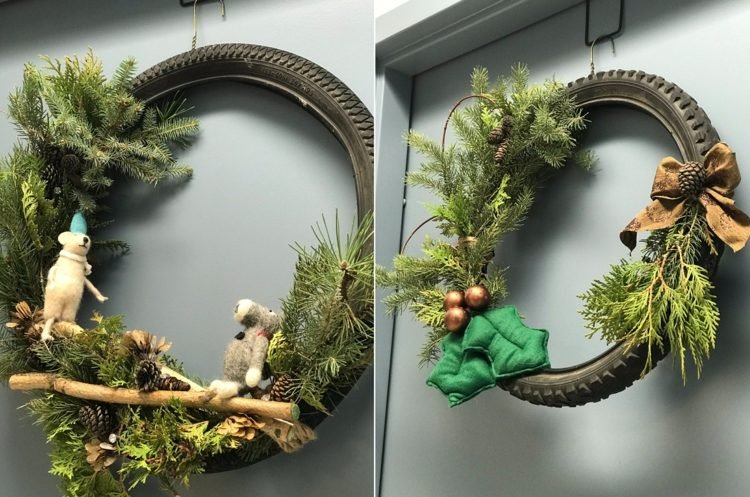 Upcyklácia na Vianoce s pneumatikami na bicykel ako vianočný veniec