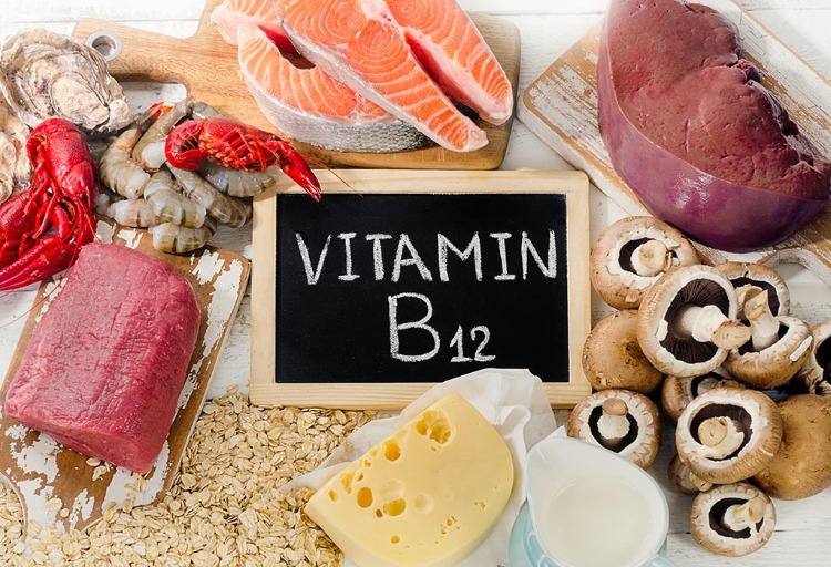 Potraviny obsahujúce vitamín b12, ako sú huby, lososové mäkkýše, červené mäso a mlieko