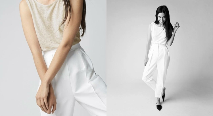 Elegantná móda v bielej a béžovej farbe fashion-vegan-biele-nohavice-everlane-vysoký pás