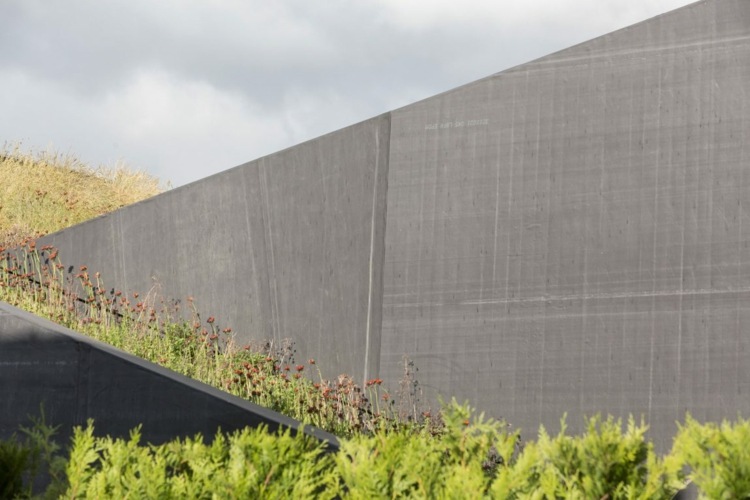 ofsetové úrovne-drevená podlaha-betónový vzhľad-výsadba-živý plot