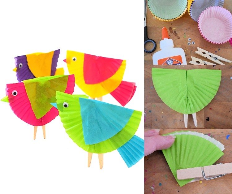 Návod, ako vyrobiť vtáky z foriem na košíčky z papiera