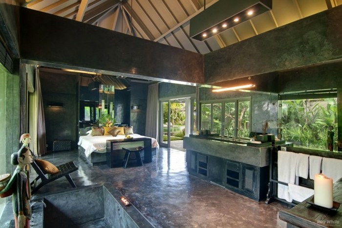 tmavé odtiene od podlahy a umývadla v priestore na spanie Spálňa s umývadlom