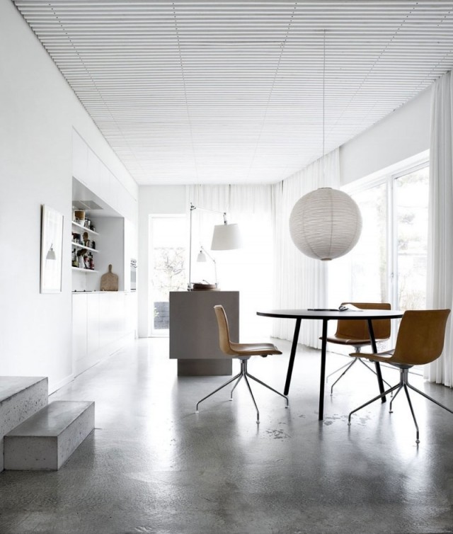 kuchyňa s ostrovnými puristickými drevenými stoličkami závesné svetlé vstavané skrine