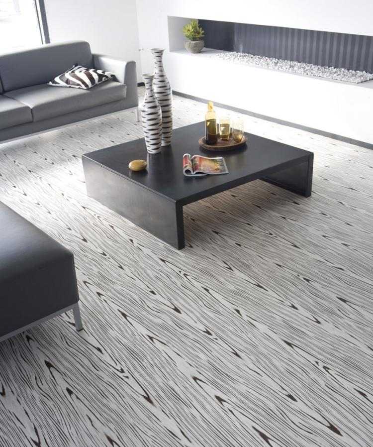 vinylová podlaha-pokládka-čierna-biela-moderná-obývacia izba-gauč-konferenčný stolík