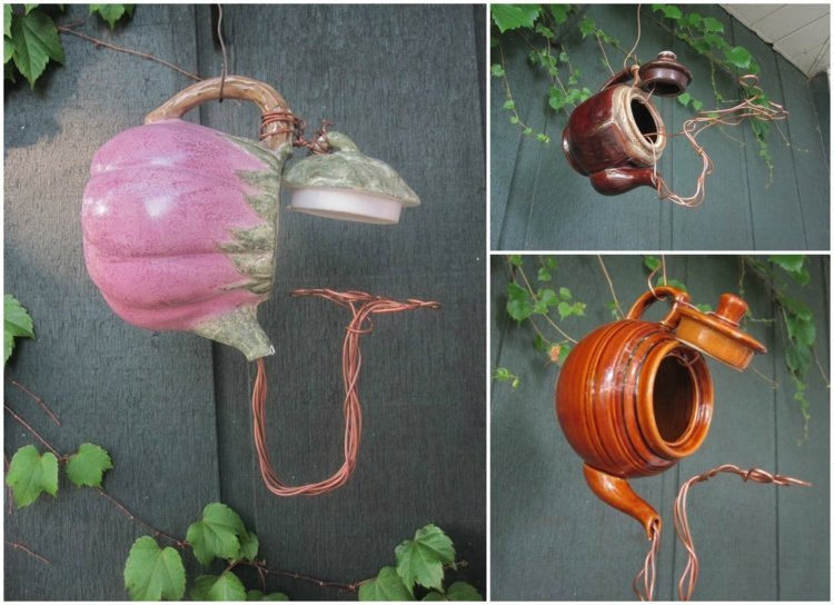 Vtáčia búdka-postavte si-čajník-ružovo-hnedo-kovový drôt