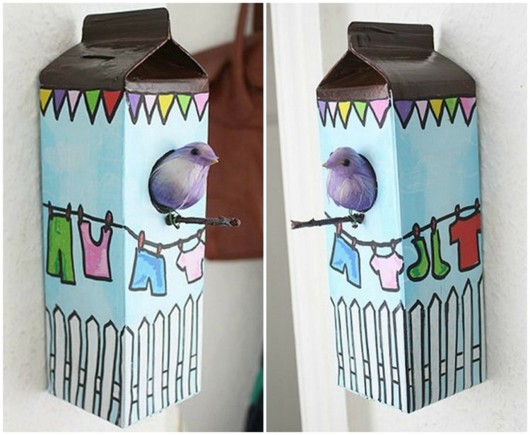 Vtáčia búdka-postavte si-kartón na mlieko-farebne vymaľovaný