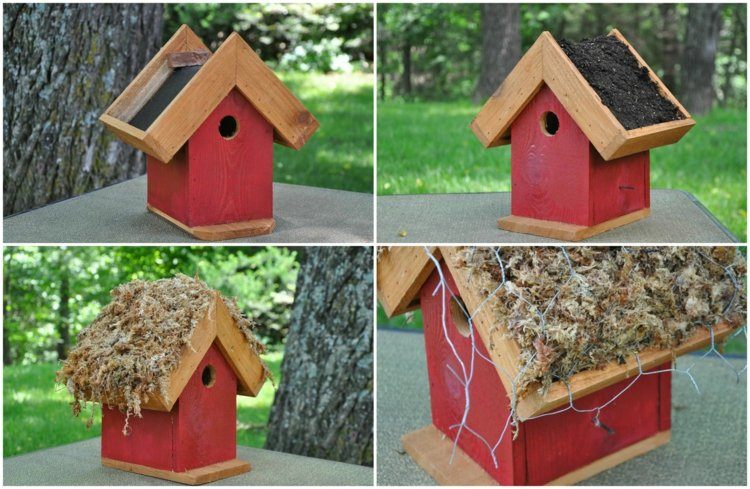 Vtáčia búdka-postavte si-drevo-červená-strecha-kovová mriežka