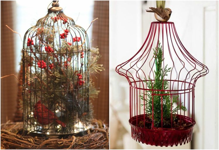 vtáčia klietka dekorácia Vianoce malé jedľové konáre mini vianočný stromček