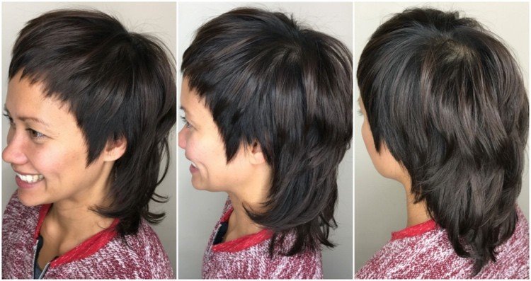 Mullet účes pre ženu s mikro ofinou